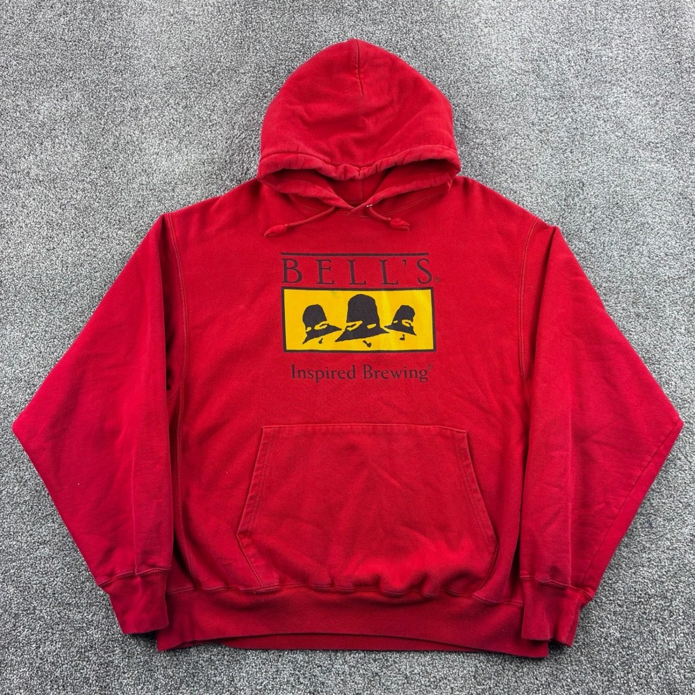 Vintage Bell's Brewing Hoodie Mens XL Red Champion Reverse Weave Beer Michigan